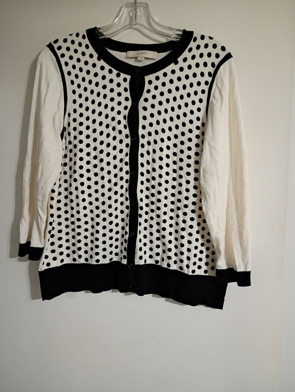LOFT Cream Cardigan with Black Polka Dots Size XL 3/4 Sleeves